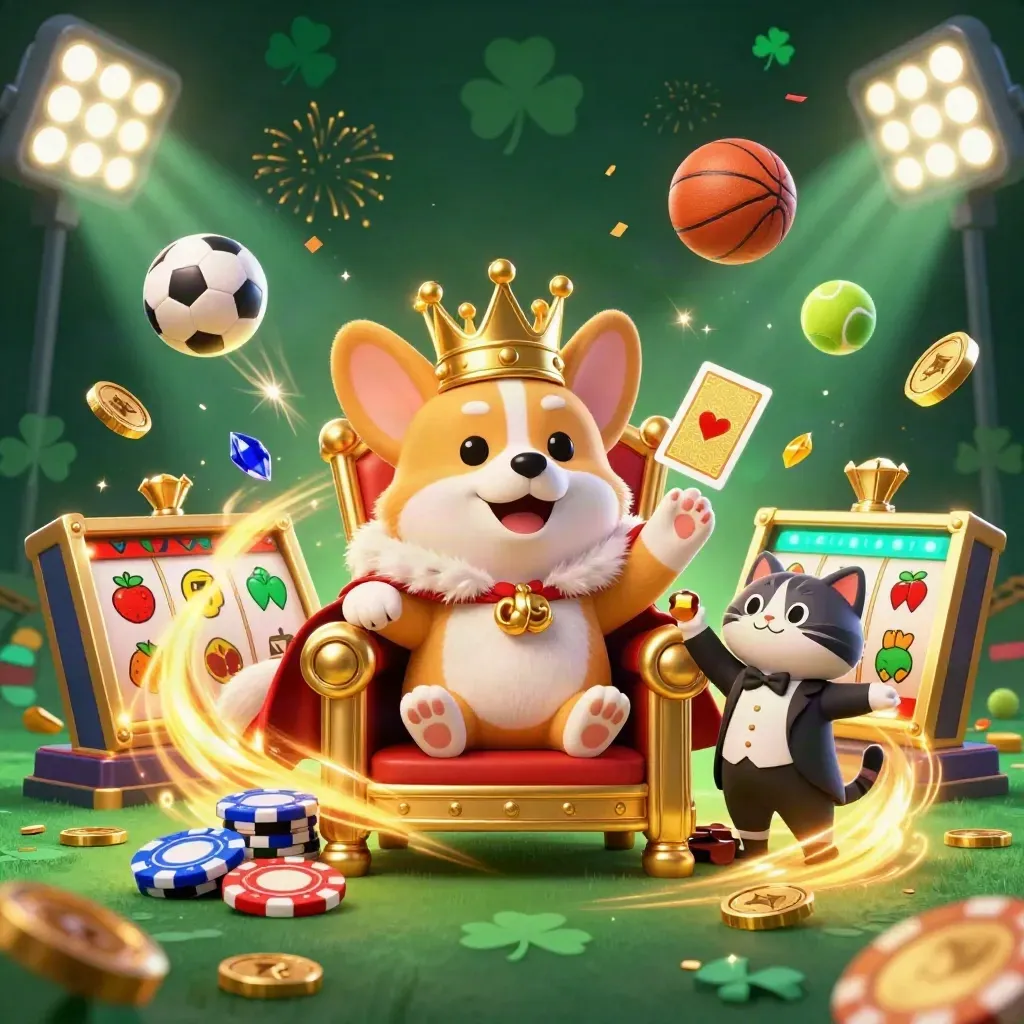 Royal corgi and cat butler amid casino magic, sports balls, coins, fireworks, and glowing gold energy.