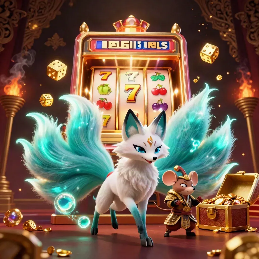 Fox spirit and samurai mouse burst from a slot machine amid gold, teal glow, dice, gems, and treasure.